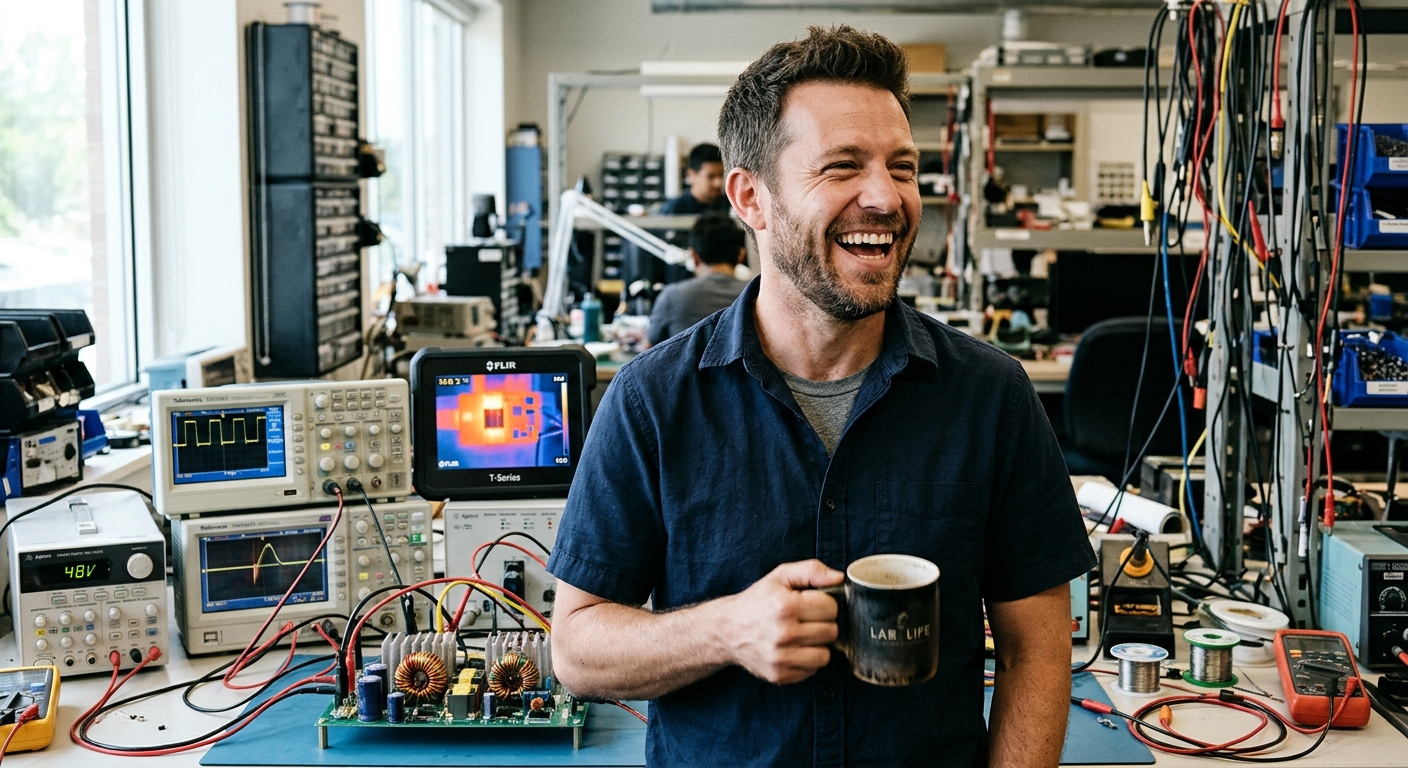 Markus Weber, a control engineer in his mid-30s, laughing while holding a coffee mug in a power-electronics lab in Berlin, with a boost converter and thermal camera visible in the background.