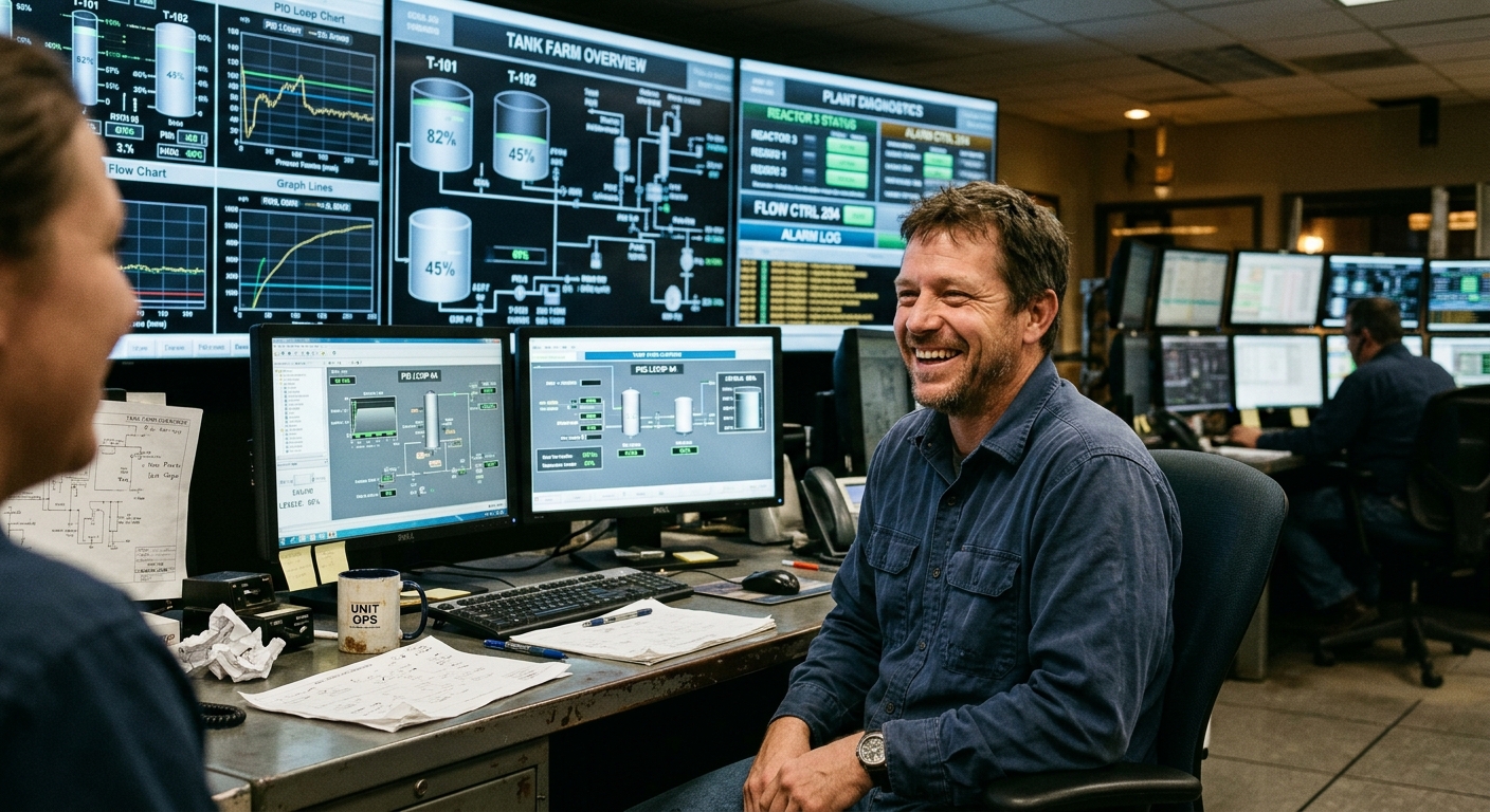 Rafael Costa, a process control engineer in his early 40s, mid-laugh at his desk in front of SCADA screens showing tank levels and PID loops.