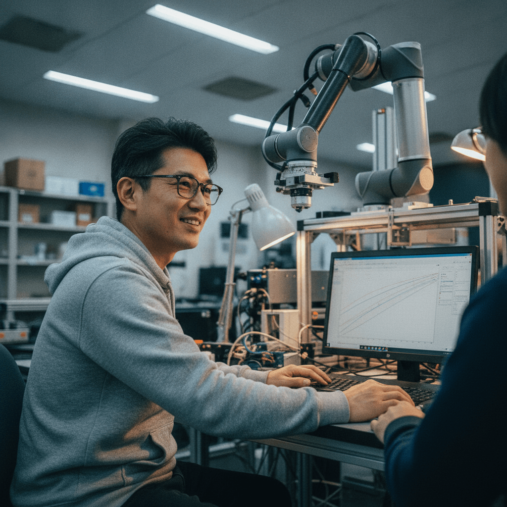 Kenji Okada at a robotics motion-control test rig