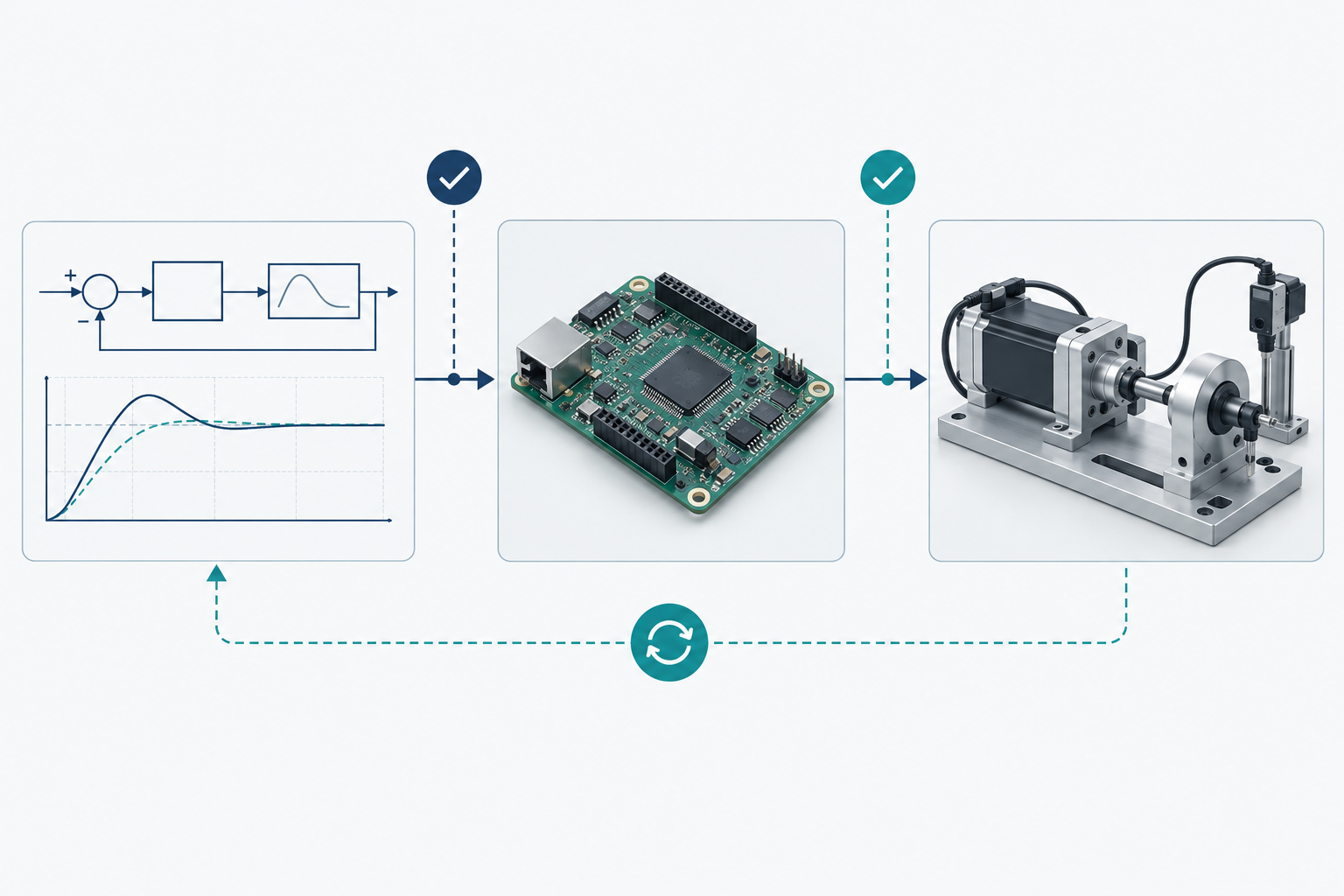 Technical illustration connecting a controller model, embedded processor and laboratory test apparatus through review checkpoints.